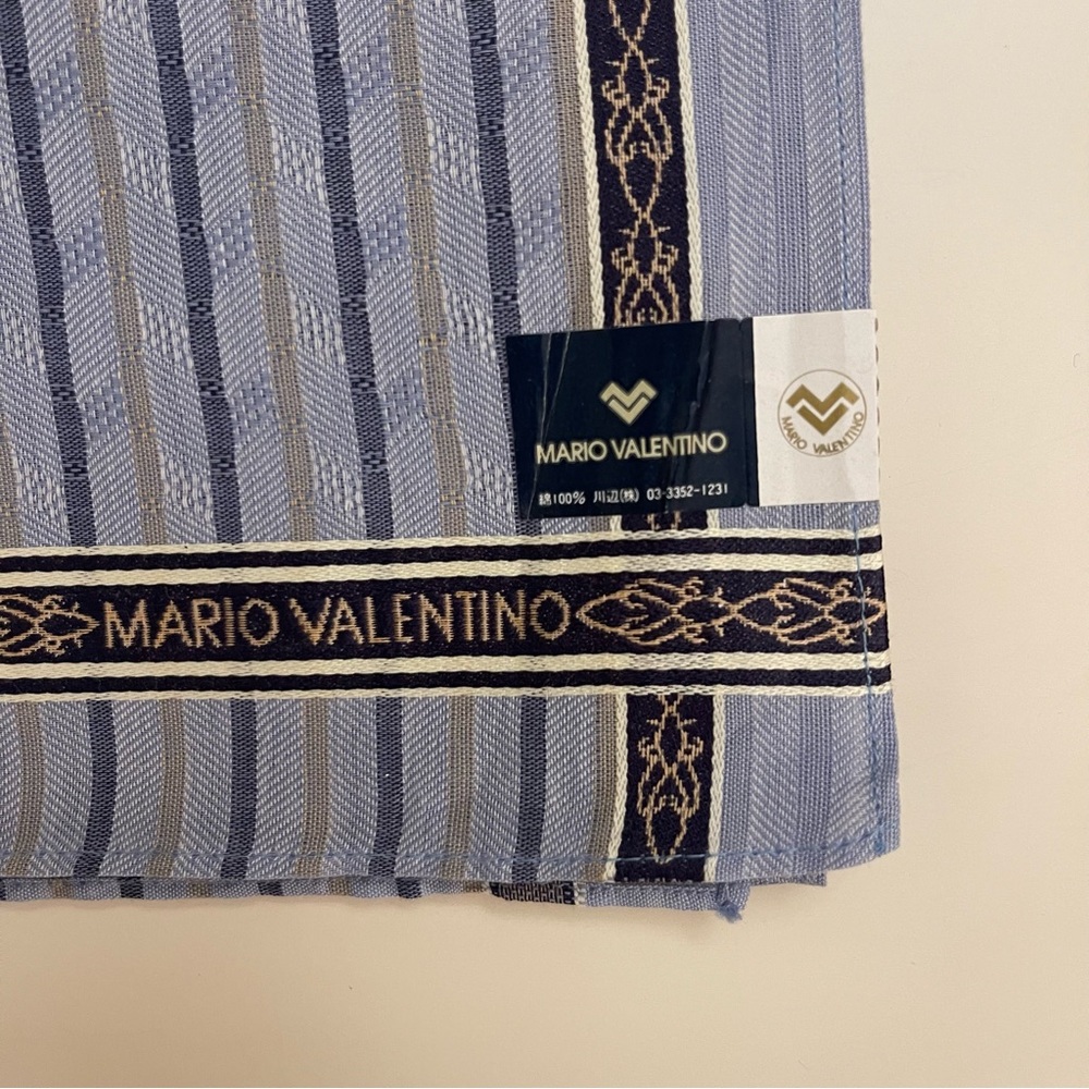 Mario Valentino Vintage Blue Striped Cotton Handkerchief - 18" Pocket Square